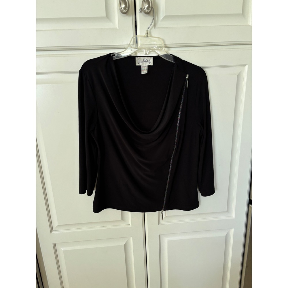 Joseph Ribkoff Black Cowl Neck Top Rainbow Asymmetrical Zipper 3/4 Sleeve 14‎